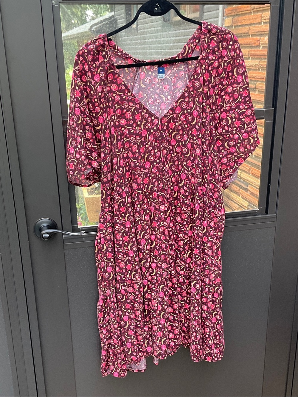 Old Navy Burgundy Floral V-Neck Midi Dress with Pink Accents